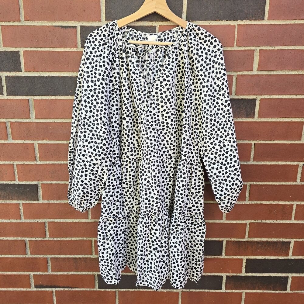 H&M Light Beige Black Floral Print Balloon Puff Sleeve Dress XS, 33" Long